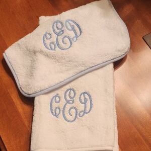Monogrammed White Hand Towels with Wash Cloth with Light Blue Trim- CED